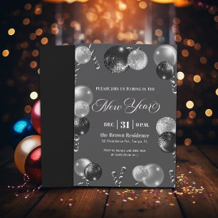 Invitation Fête du Nouvel An noir et argent pailleté