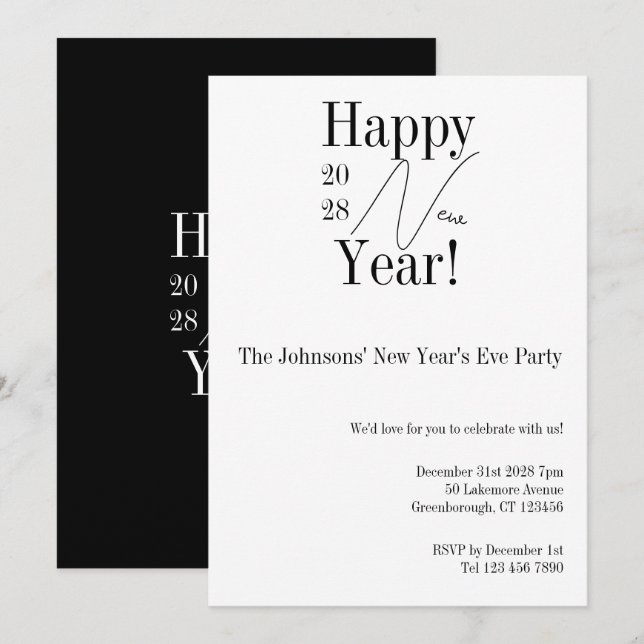 Invitation Fête du Nouvel An noir et blanc (Devant / Derrière)