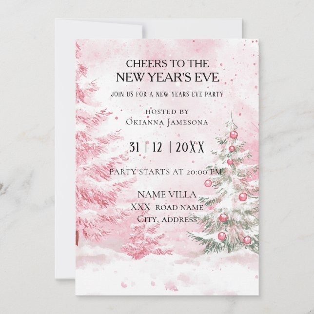 Invitation Fête du Nouvel An Rose à l'aquarelle  (Devant)