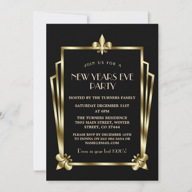 Invitation Fête du Nouvel An Royal Gold Black Art Déco (Devant)