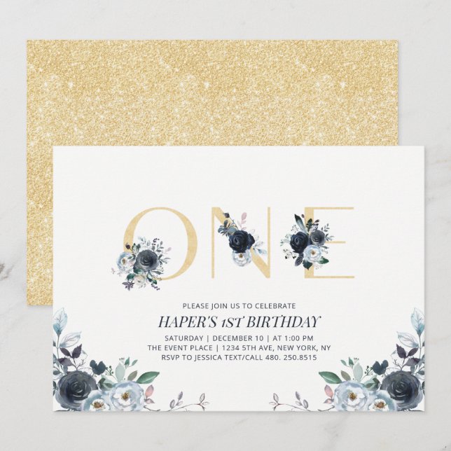 Invitation Fête du premier anniversaire Bohème fleurs Navy &  (Devant / Derrière)