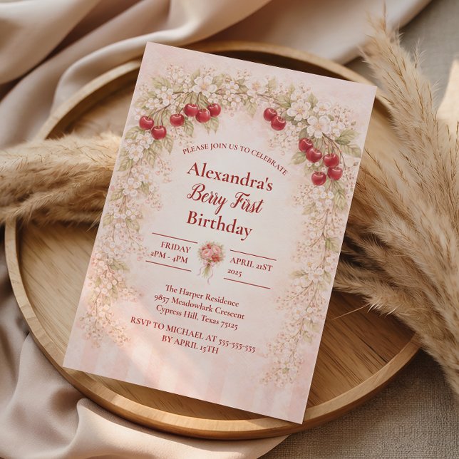 Invitation Fête du premier anniversaire Cerise Blush Botaniqu (Créateur téléchargé)