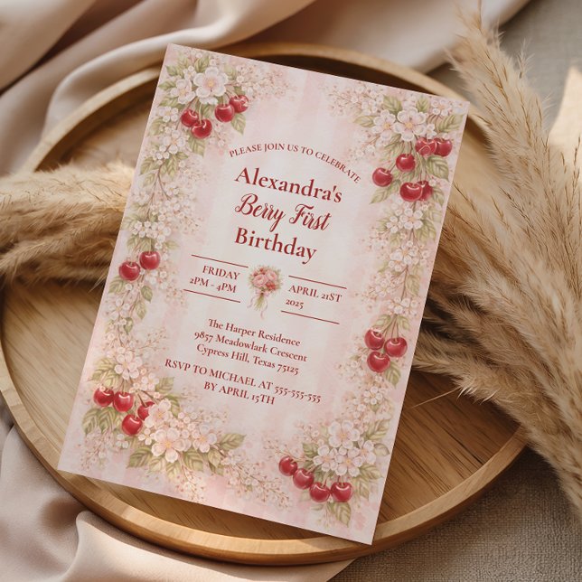 Invitation Fête du premier anniversaire Cerise Florale Douce (Créateur téléchargé)