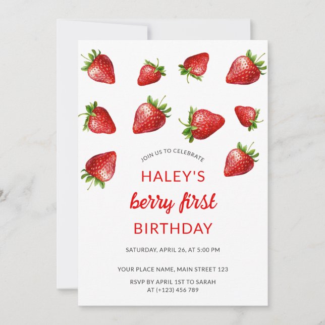 Invitation Fête du premier anniversaire de bébé à la fraise r (Devant)