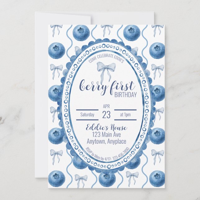 Invitation Fête du premier anniversaire de Bébé Blueberry (Devant)