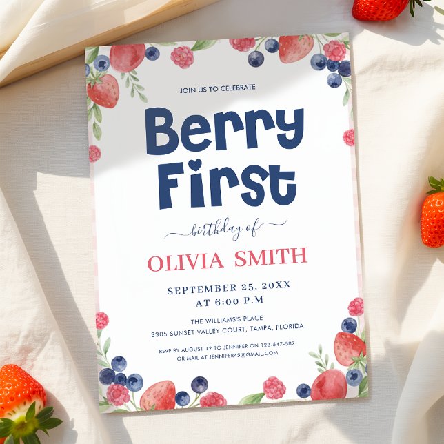 Invitation Fête du premier anniversaire de bébé fraise à l'aq (Créateur téléchargé)