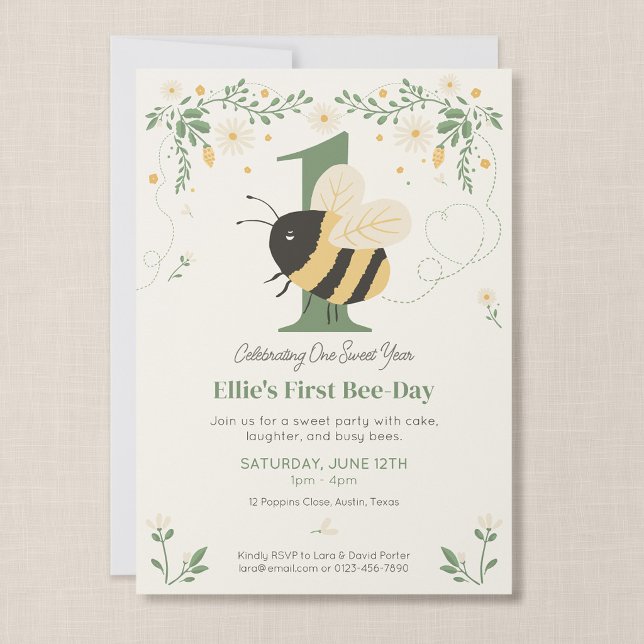 Invitation Fête du premier anniversaire de Bumble Bee (Wildflower Flight - First Bee Day Invitation, Front)