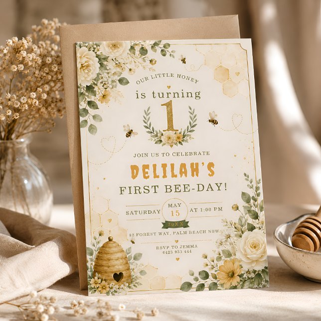 Invitation Fête du premier anniversaire de la douce abeille à (Créateur téléchargé)
