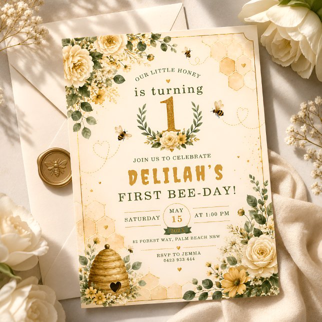 Invitation Fête du premier anniversaire de la douce abeille à (Créateur téléchargé)
