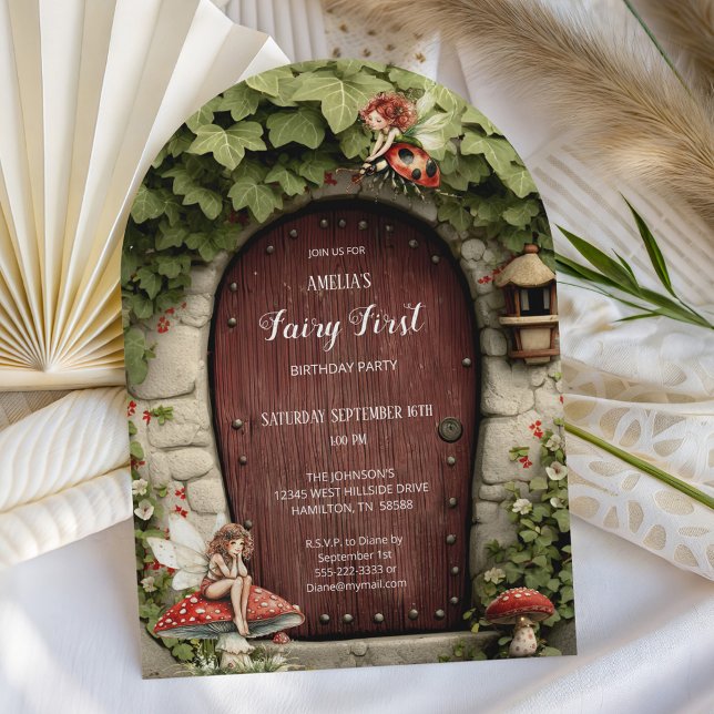 Invitation Fête du premier anniversaire de la fée champignon (Mushroom and Fairy Door  Fairy First Birthday Party Invitation)