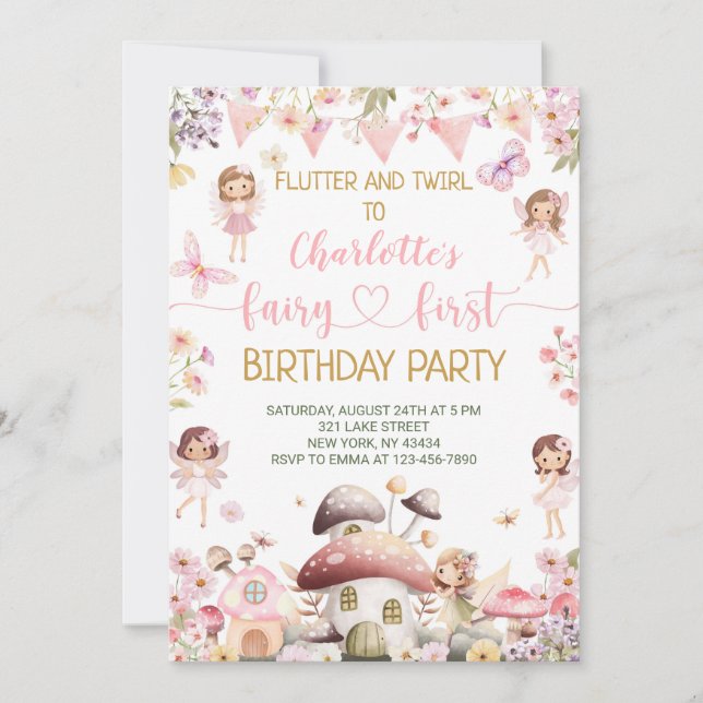 Invitation Fête du premier anniversaire de la fée Flutter et  (Devant)