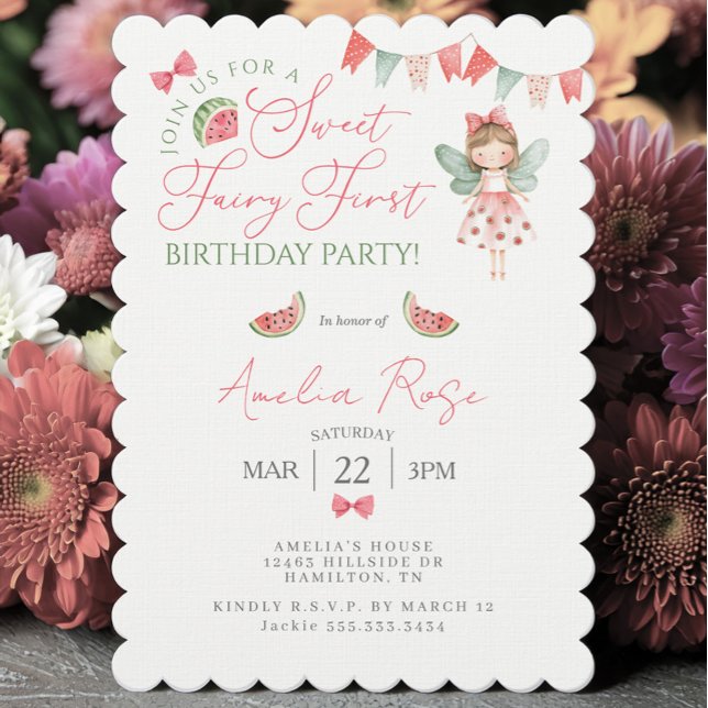 Invitation Fête du premier anniversaire de la fée sucrée past (Watermelon Sweet Fairy First Birthday Party Invitation)