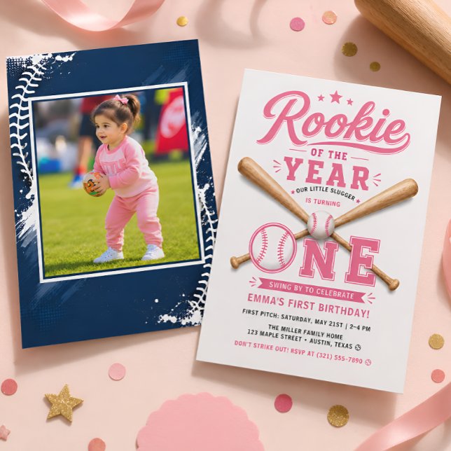 Invitation Fête du premier anniversaire de la fille au baseba (Créateur téléchargé)
