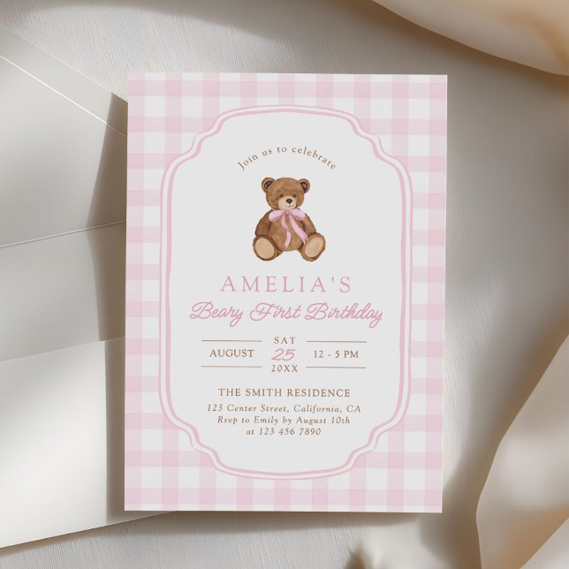 Invitation Fête du premier anniversaire de la fille ours en p (Créateur téléchargé)