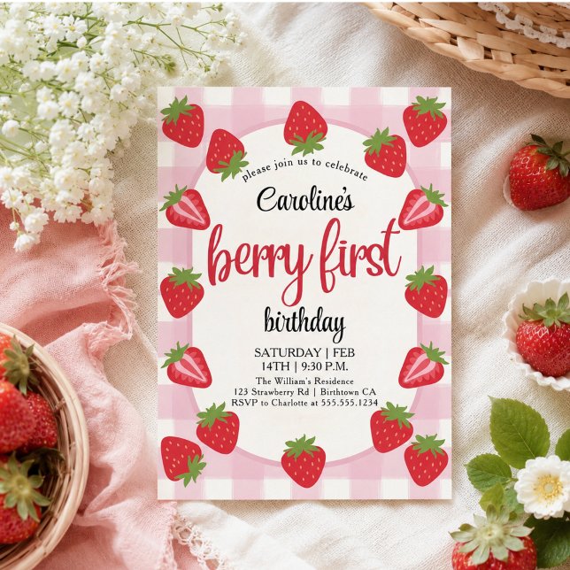 Invitation Fête du premier anniversaire de la fraise (Strawberry 1st Birthday Party Berry Invitation)