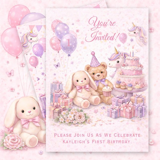 Invitation Fête du premier anniversaire de la petite fille | (Créateur téléchargé)