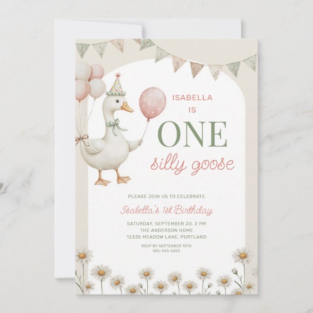 Invitation Fête du premier anniversaire de la Silly Goose Ros (Devant)