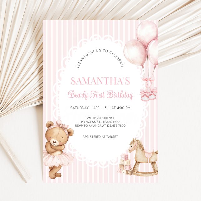 Invitation Fête du premier anniversaire de l'ours rose (Bearly First Birthday Invitation)