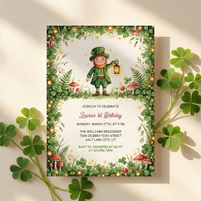 Invitation Fête du premier anniversaire de Lucky Leprechaun S (Irish Leprechaun Green Shamrock Baby First Birthday Invitation Card)