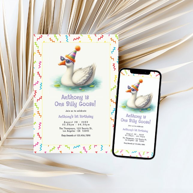 Invitation Fête du premier anniversaire de One Silly Goose (One Silly Goose First Birthday Party Invitation)