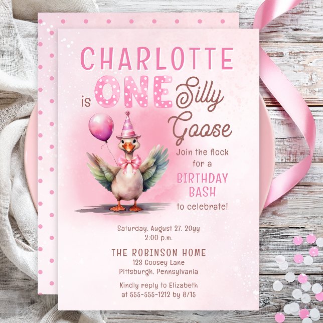 Invitation Fête du premier anniversaire de Silly Goose, thème (Sweet pink silly goose first birthday invitation with watercolor party goose and balloon)