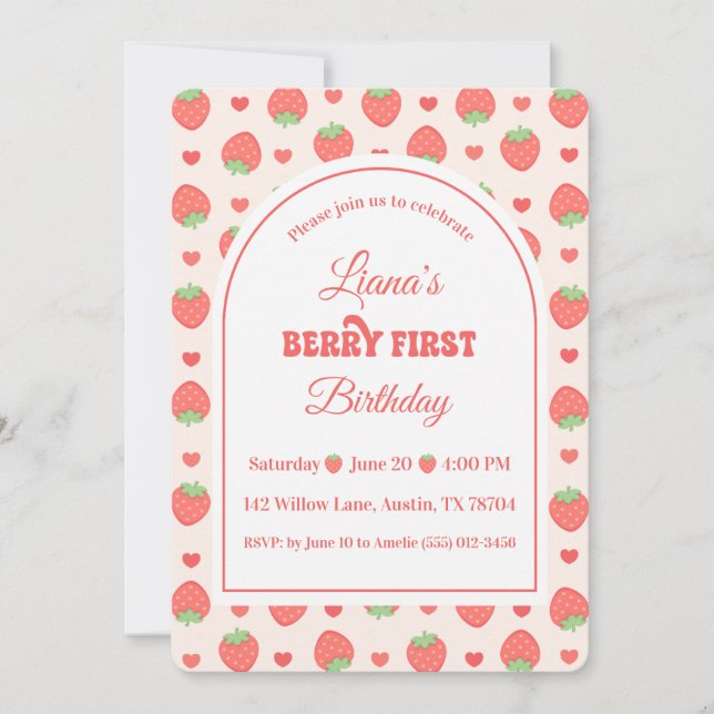 Invitation Fête du premier anniversaire de Strawberry Berry F (Devant)