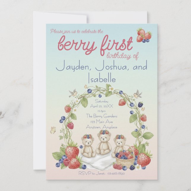 Invitation Fête du premier anniversaire de Triplets Berry (Devant)