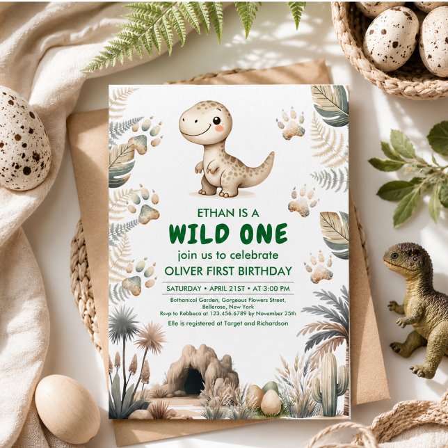 Invitation Fête du premier anniversaire de Wild One Cute Dino (Wild One Cute Dinosaur First Birthday Party Invitation)