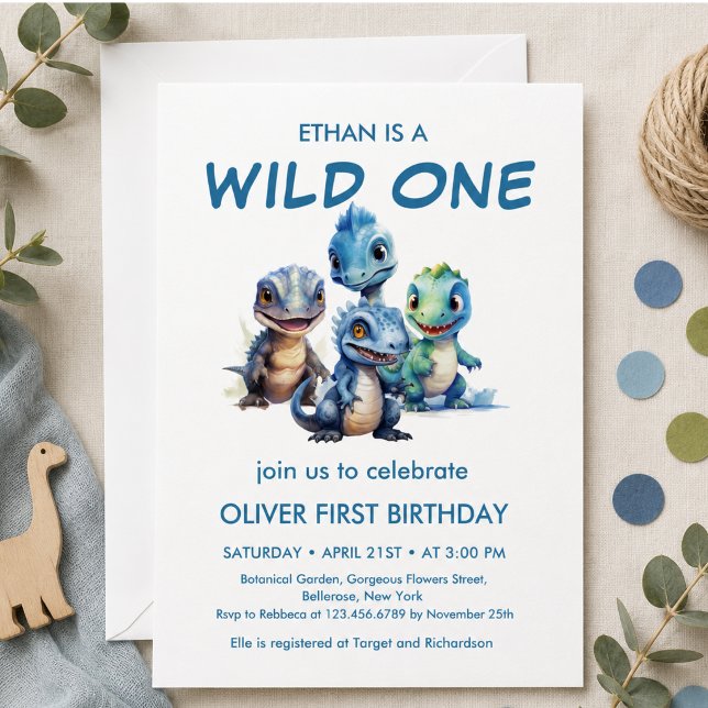 Invitation Fête du premier anniversaire de Wild One Cute Dino (Wild One Cute Dinosaur First Birthday Party Invitation)
