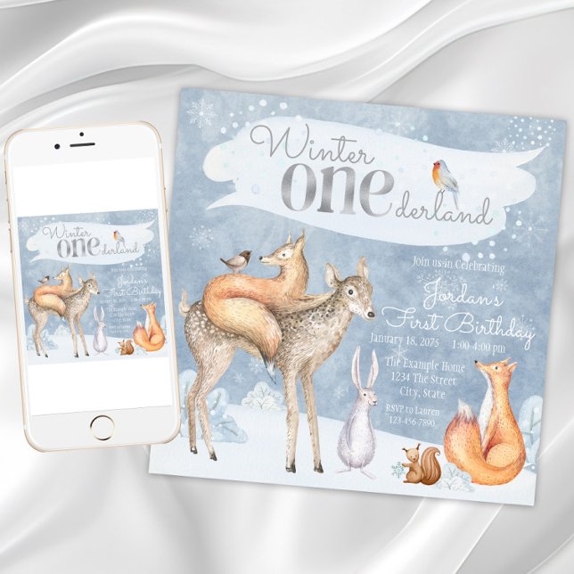 Invitation Fête du premier anniversaire de Winter Onederland  (Winter Onederland Woodland First Birthday Party Invitation with woodland animals. )