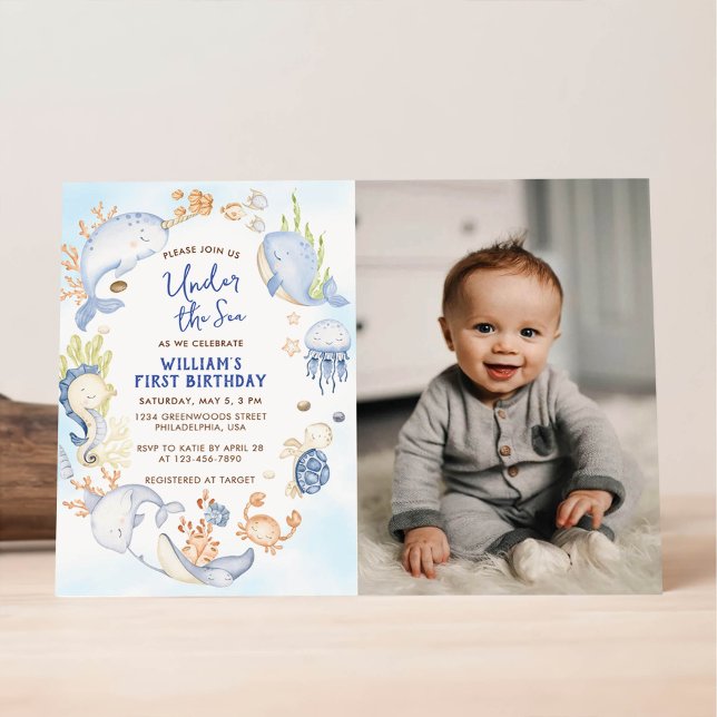 Invitation Fête du premier anniversaire du garçon bleu sous l (Créateur téléchargé)