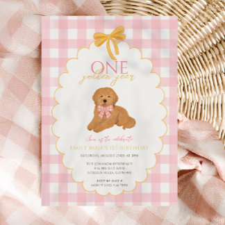 Invitation Fête du premier anniversaire du Goldendoodle rose