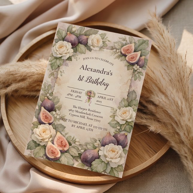 Invitation Fête du premier anniversaire Fleur Figue Neutre (Créateur téléchargé)