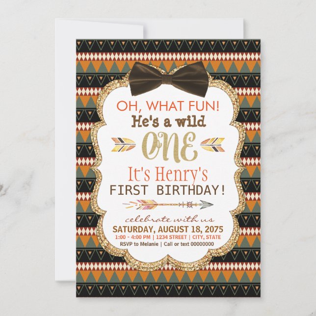Invitation Fête du premier anniversaire garçons boho tribal (Devant)