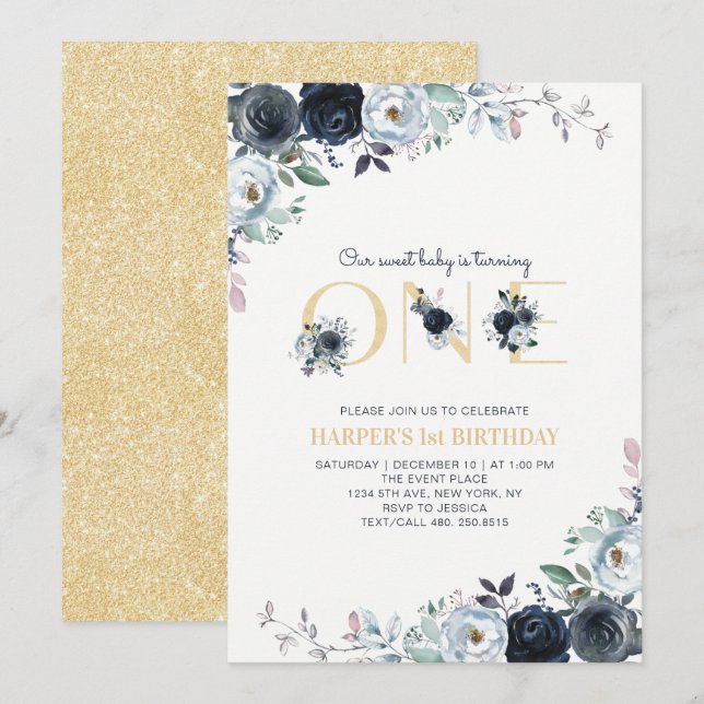 Invitation Fête du premier anniversaire Navy & Gold Boho Flor (Devant / Derrière)