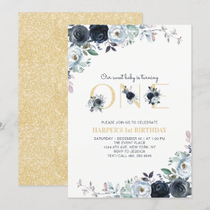 Invitation Fête du premier anniversaire Navy & Gold Boho Flor