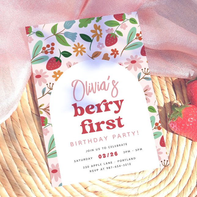 Invitation Fête du premier anniversaire Strawberry Berry (Card Front Mock-up)