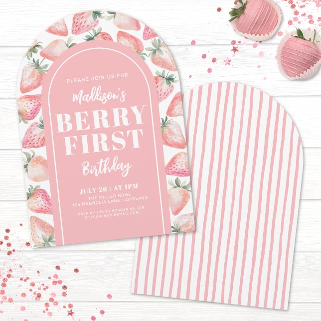 Invitation Fête du premier anniversaire Strawberry Berry (Strawberry Berry First 1st Birthday Party Invitation)