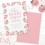 Invitation Fête du premier anniversaire Strawberry Berry<br><div class="desc">Un thème de 1er anniversaire 'Berry First' mignon et féminin avec des fraises roses à l'aquarelle et des feuilles vertes. Une typographie d'écriture manuscrite mignonne mélangée avec une police serif grasse ainsi qu'une police simple dans un mélange de polices gris et rose blush. Vous pouvez changer les couleurs de police...</div>