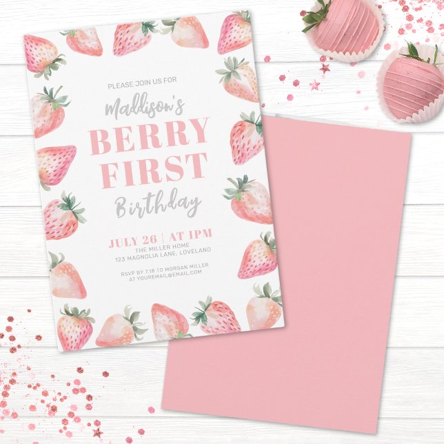 Invitation Fête du premier anniversaire Strawberry Berry (Strawberry Berry Sweet Baby Shower Invitation)