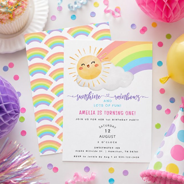 Invitation Fête du premier anniversaire Sunshine and Rainbows (Sunshine and Rainbows First Birthday Party Invitation)