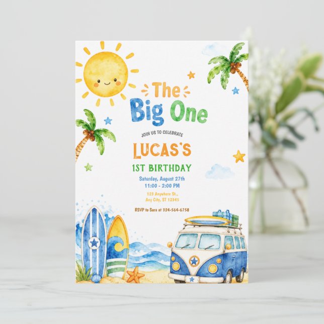 Invitation Fête du premier anniversaire Surf Tropical Beach f (Debout devant)