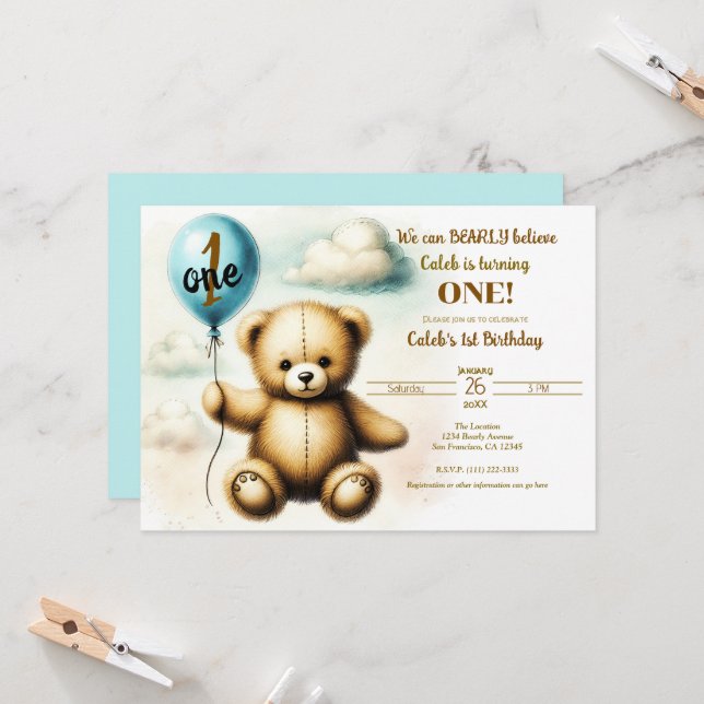 Invitation Fête du premier anniversaire Teddy Bear Blue Ballo (Devant/Arrière en situation)