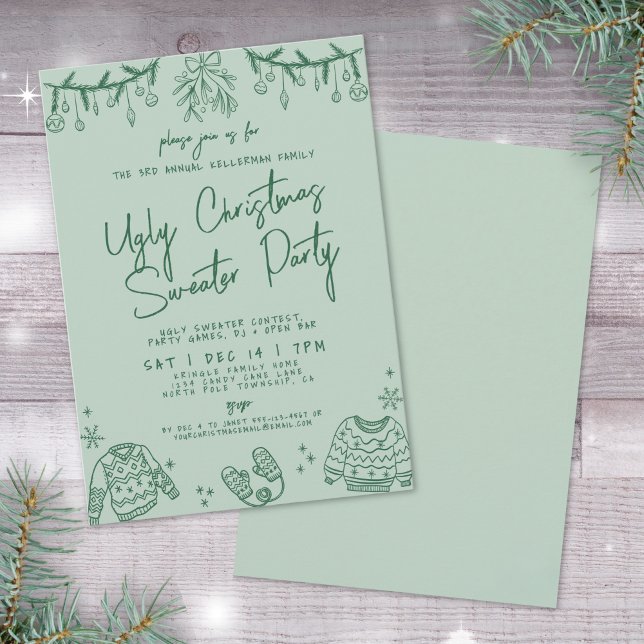 Invitation Fête du pull de Noël laid dessiné à la main (Hand Drawn Christmas Ugly Sweater Party Invitation)