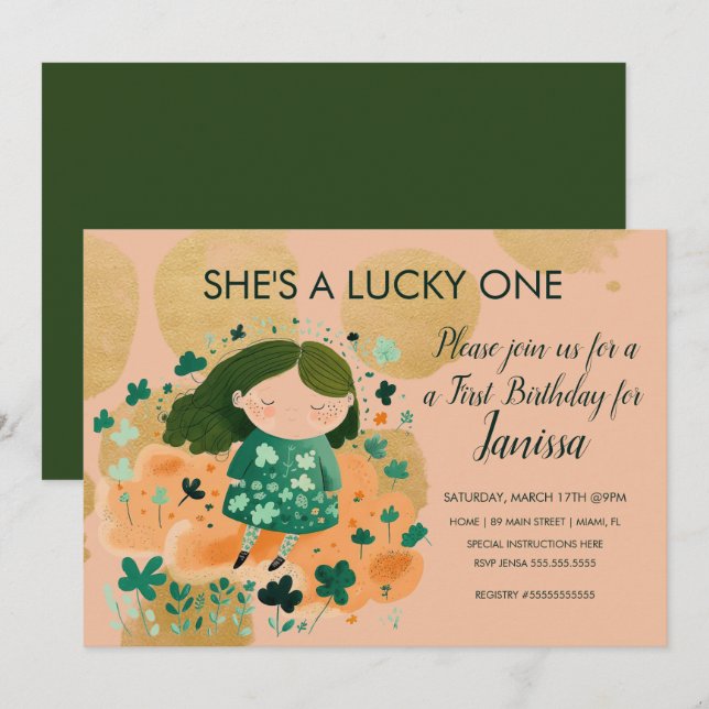 Invitation Fête du Shamrock pour la fille chanceuse de la St. (Devant / Derrière)