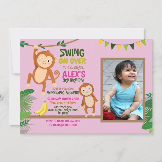 Invitation Fête du singe Anniversaire Swing Photo Pink Invita (Devant)