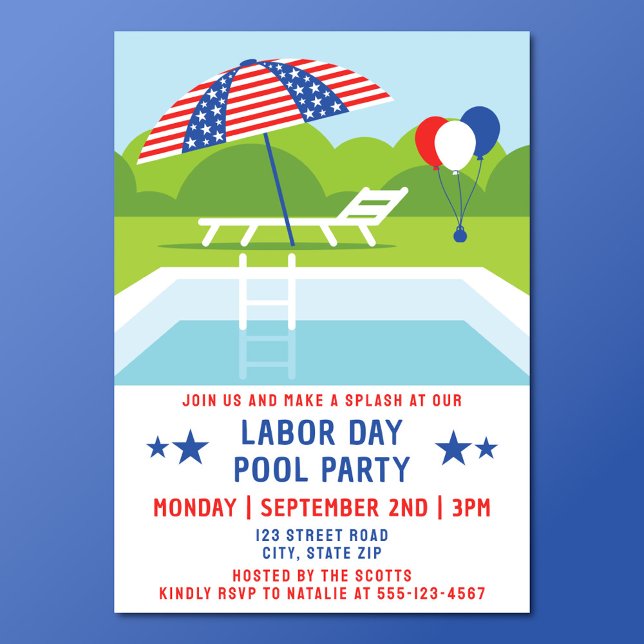 Invitation Fête Du Travail Piscine Étoiles Et Rayures Moderne (Labor day pool party invitation)