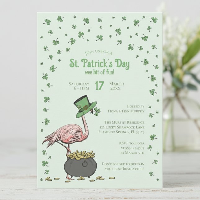 Invitation Fête du Trèfle de Shamrock Vert Flamingo Saint-Pat (Funny Irish Flamingo Light Green St Patrick's Day Invitations. Shamrocks, Clovers, Leprechaun Hat)