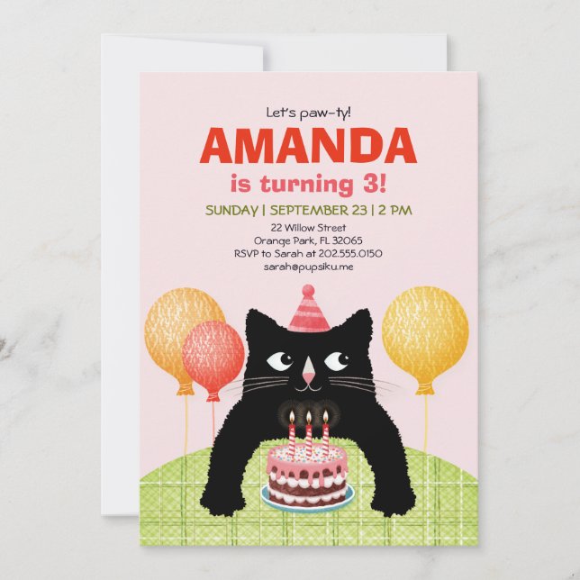 Invitation Fête du troisième anniversaire avec chat, gâteau e (Devant)