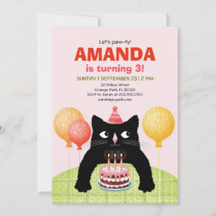 Invitation Fête du troisième anniversaire avec chat, gâteau e